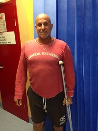 A participating patient on crutches