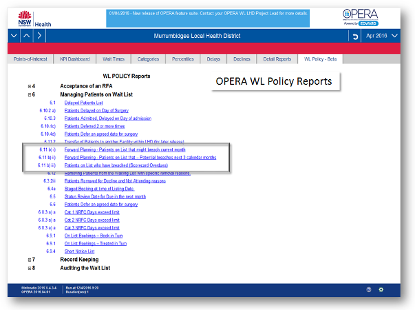 OPERA report screen shot