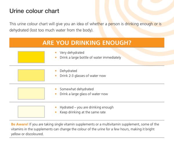 This urine colour chart will give you an idea of whether a person is drinking enough or is dehydrated (lost too much water from the body). Dark yellow urine - very dehydrated; drink a large bottle of water immediately. Bright yellow urine - dehydrated; drink 2-3 glasses of water now. Light yellow urine - somewhat dehydrated; drink a large glass of water now. Almost clear urine - hydrated - you are drinking enough; keep drinking at the same rate. Be Aware! If you are taking single vitamin supplements or a multivitamin supplement, some of the vitamins in the supplements can change the colour of the urine for a few hours, making it bright yellow or discoloured.