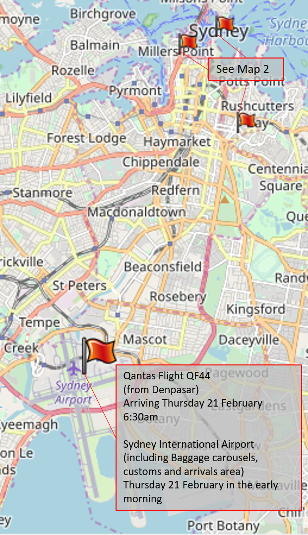 Map 1: International Airport and Qantas flight QF44 Thursday 21 February 2019