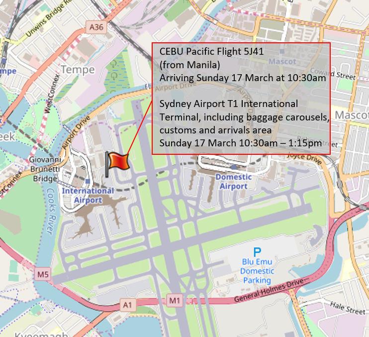 Map with flag marking CEBU Pacific flight 5J41 from Manila, arriving at 10:30am on Sunday 17 March amd Sydney Airport T1 International Terminal, including baggage carousels, customs and arrivals area dated Sunday 17 March 10:30am to 1:15 pm