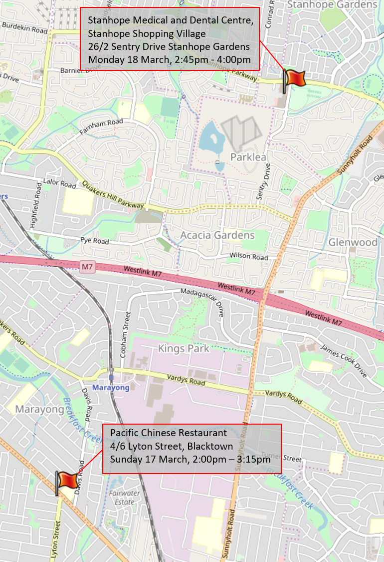 Map with flags marking Stanhope Medical and Dental Centre, Stanhope Shopping Village, 26/2 Sentry Drive Stanhope Gardens on Monday 18 March 2:45 pm to 4pm, and Pacific Chinese Restaurant, 4/6 Lyton Street Blacktown dated Sunday 17 March, 2pm to 3:15pm