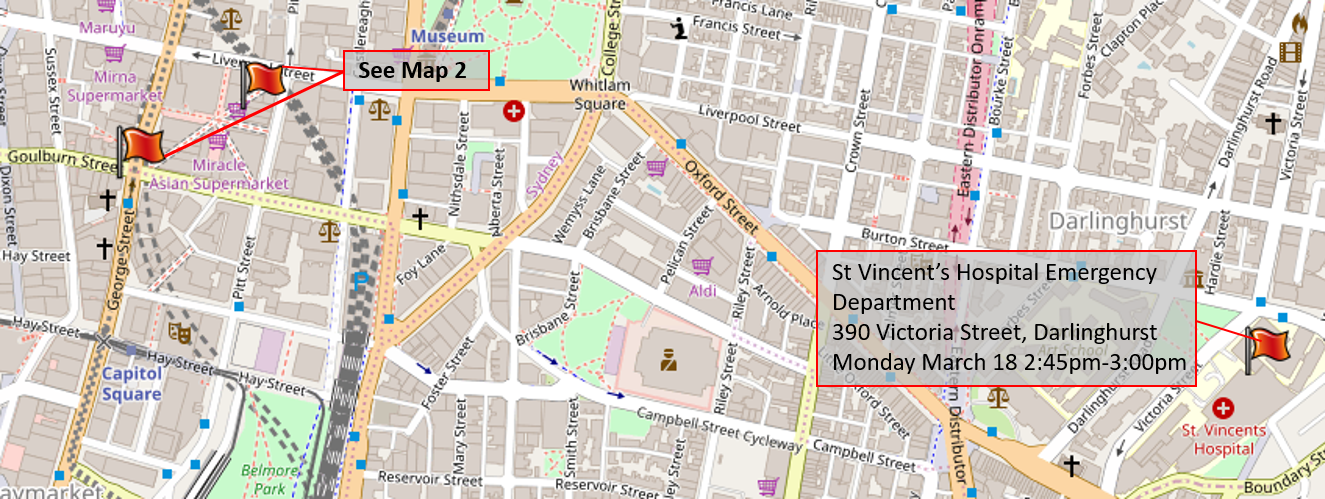 Map with flags for Haymarket, Central Perk, World Square and St Vincent's Hopsital Emergency Department, 290 Victoria Street, Darlinghurst dated Monday March 18, 2:45pm to 3pm