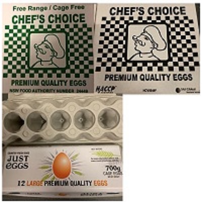 Egg cartons with 'Chef's Choice Premium Quality Eggs' and 'Just Eggs' brands