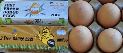 Egg cartons with 'Just free to range eggs' branding