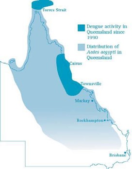 Distribution of Aedes aegypti and dengue activity in Queensland