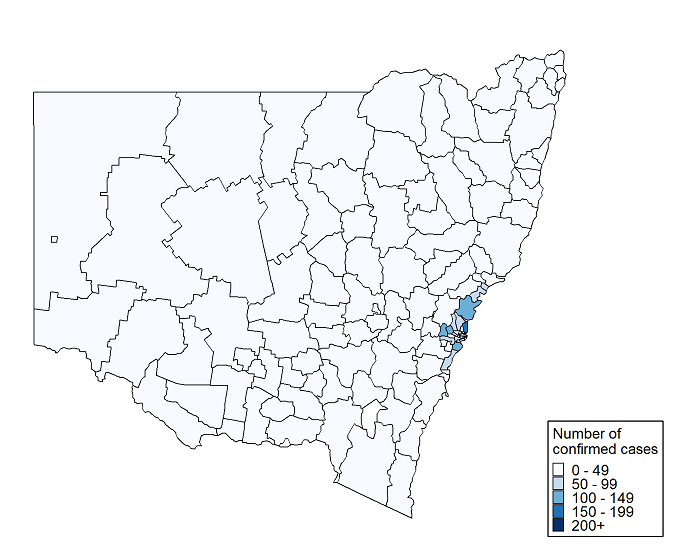 Cases in NSW where contact is not identified. A table of cases per Local Government Area is below.