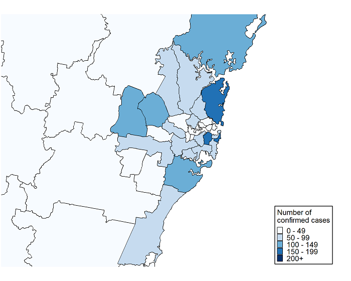 Cases in Sydney Metropolitan area where contact is not identified. A table of cases per Local Government Area is below.
