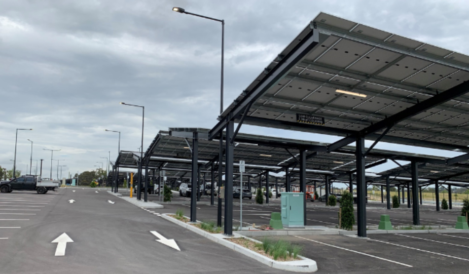 an undercover parking lot with energy efficient lighting
