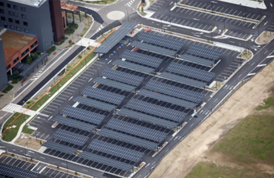 Aerial view of New Maitland Hospital car park, with roofs covered with solar panels