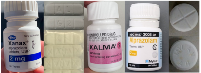 Xanax bottle, alprazolam tablets 2mg, Kama brand bottle, Alpazolam bottle 2mg, two round white tablets