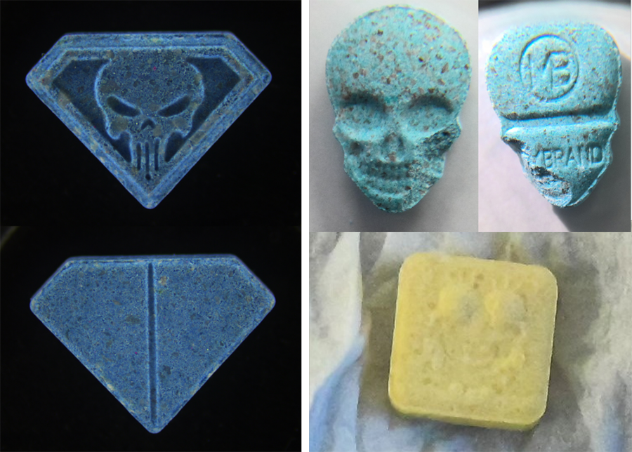 Blue diamond shaped tablet with 'punisher' logo