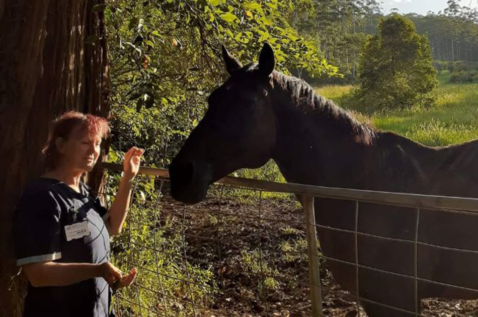 NSW Deployment Program worker Lesley Wood feeding a hose during her placement at Taree Manning Hospital.