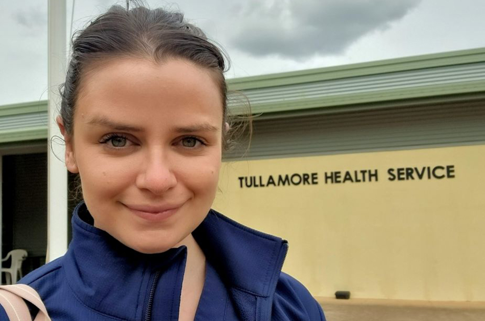 NSW Deployment Program worker Emma Jenkins ouside the Tullamore Health Service in rural NSW