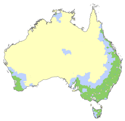 an image of australia with three colours on top to show remote locations based on the monash model. 