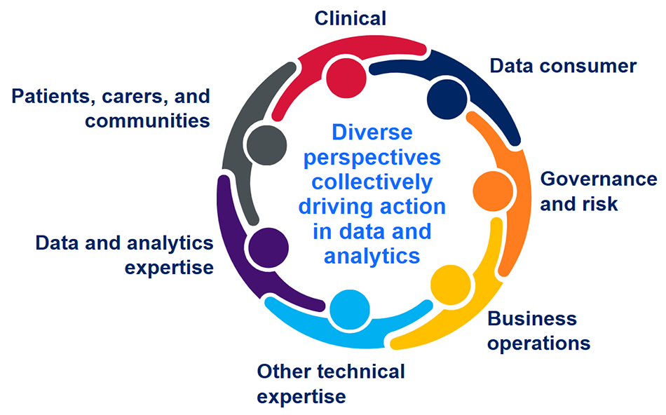 A group of figures with linked arms, surrounding text: 'Diverse perspectives collectively driving action in data and analytics'. The figures are identified as clinical, data consumer, governance and risk, business operations, other technical expertise, data and analytics expertise and patients, carers and communities.