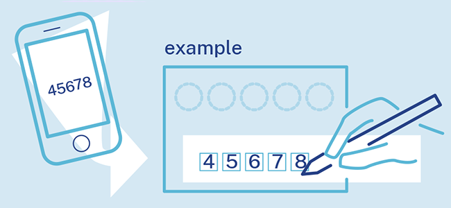 Mobile phone with validation code 45678. A hand is writing the same numbers on a card.