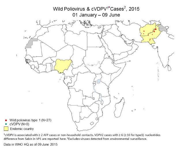 Map showing countries with ongoing cases of poliomyelitis up to 9th June 2015 – text alternative follows image
