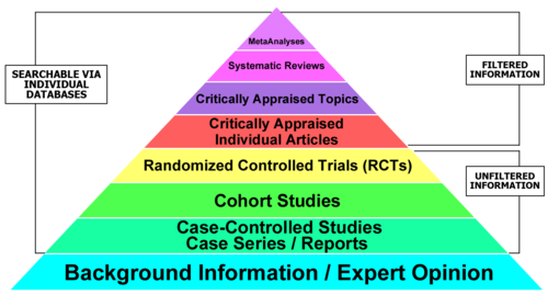 The Evidence-Based Medicine Pyramid describes the different levels of evidence that can be used to make health-related decisions. From the base: Background information/expert opinion is followed by unfiltered information, which is divided into case-controlled studies, case series and reports; cohort studies; and randomized controlled trials; and filtered information, which is divided into critically appraised individual articles; critically appraised individual articles; critically appraised topics; systemic reviews; and meta analyses at the peak. All categories are searchable via individual databases, except background information/expert opinion.