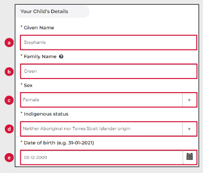 Screenshot of program portal with fields for child's details