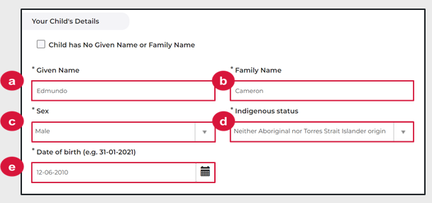 Screenshot of program portal with fields for child's details