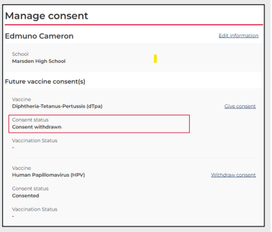 Screenshot of program portal confirmation page with vaccine status as consent withdrawn