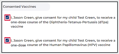 Screenshot of program portal with consent statements for vaccines, and checkboxes to select to indicate consent.