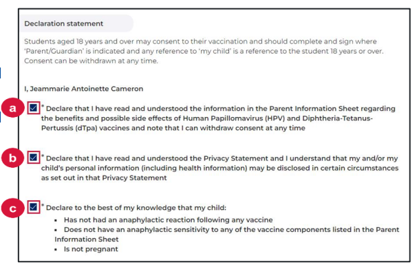 Screenshot of program portal with declaration statements and checkboxes to indicate consent.