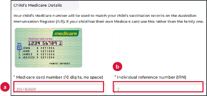 Screenshot of program portal with fields for medicare number and child's reference number