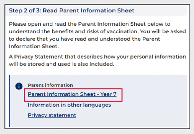 Screenshot of program portal with information and links to parent information sheet