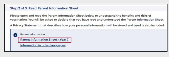 Screenshot of program portal with information and links to parent information sheet