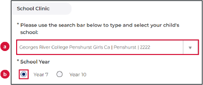 Screenshot of program portal with search bar for child's school and select fields for child's school year
