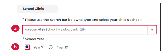 Screenshot of program portal with search bar for child's school and select fields for child's school year