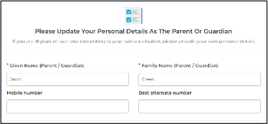 Screenshot of program portal with fields for parent/guardian's details