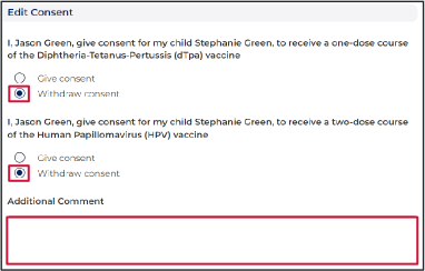 Screenshot of program portal with select fields to withdraw consent and a text field for additional comments