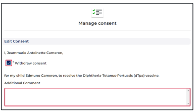 Screenshot of program portal with select fields to withdraw consent and a text field for additional comments