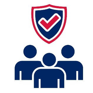 A shield with a tick on it above 3 people.