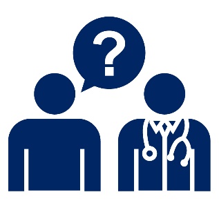 A person with a speech bubble showing a question mark next to a doctor with a stethoscope.