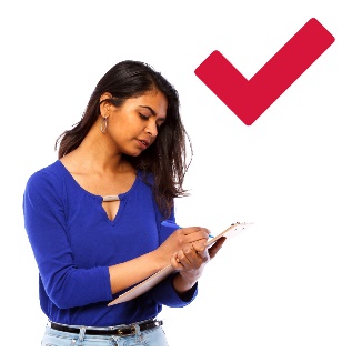 A person writing on a clipboard. There is a tick next to them.