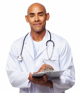A doctor writing on a clipboard.
