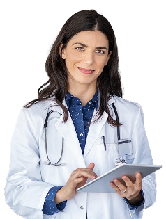A doctor writing on a clipboard.