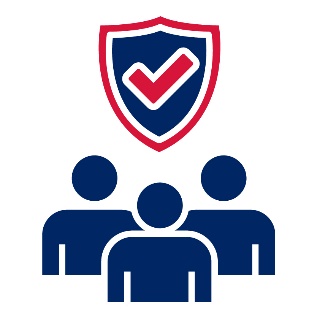 A shield with a tick on it above 3 people.