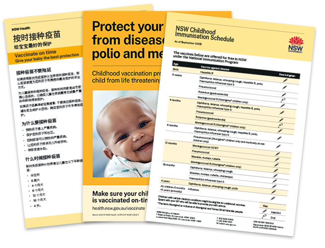 Posters and fact sheets promoting childhood vaccinations in English and Chinese.
