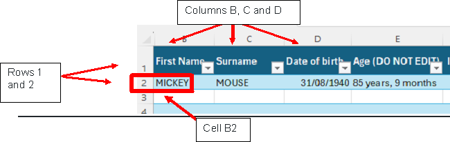 Diagram showing common spreadsheet terminology, including columns, rows, cells and headings used to organise information in a sp