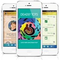 3 phones with different screens of the Deadly Tots app. It has Aboriginal art in bright colours.