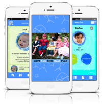 3 phones with different screens of the Love Talk Sing Read Play App. It has bright colours, pictures of young children with profiles.