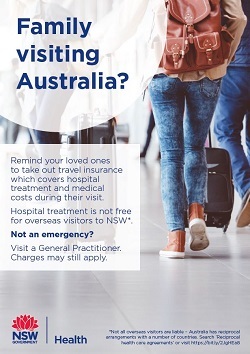 Overseas visitors travel insurance campaign poster titled 'Family visiting Australia?'