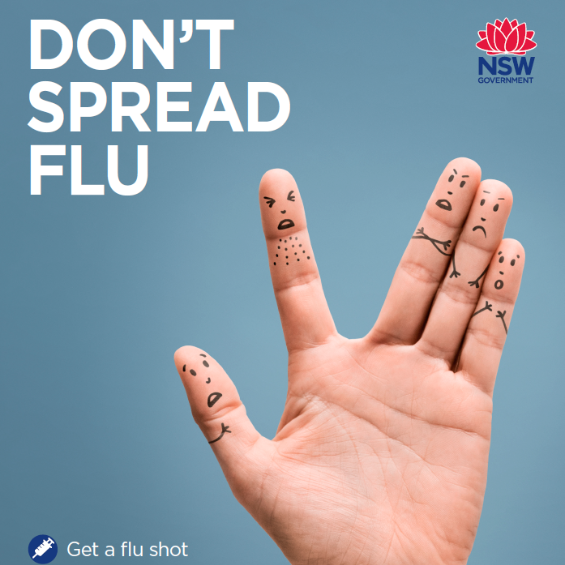 Don't spread flu poster with photo of a hand with faces drawn on it