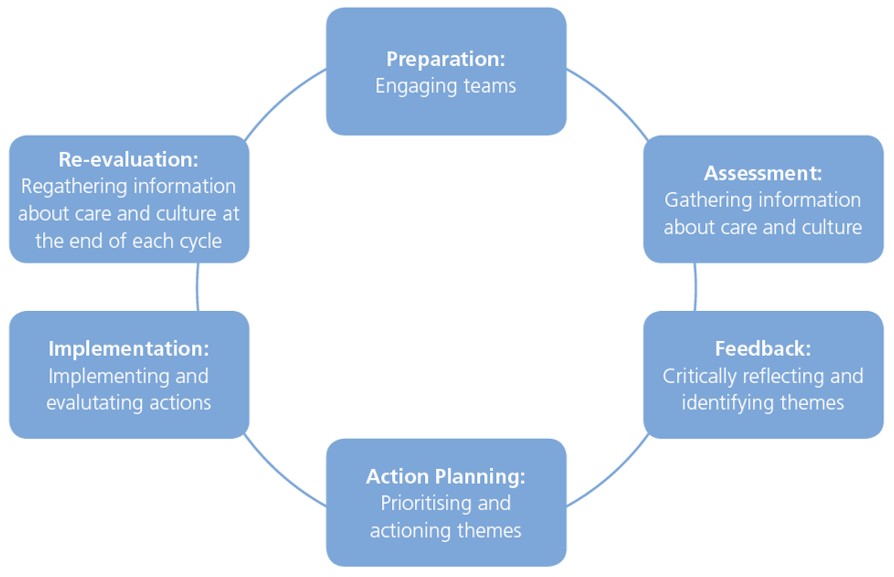 Preparation: engaging teams, Re-evaluation: gathering information about care and culture at the end of each cycle, implementation: implementing and evaluating actions, Action Planning: Prioritising and actioning themes, Feedback: critically reflecting and identifying themes, Assessment: gathering information about care and culture