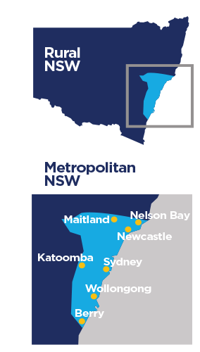 Map of Rural NSW defining boundaries as Berry, Maitland and Lithgow